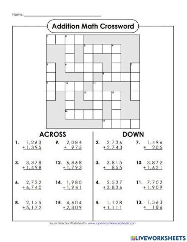 Addition Math Crosswords