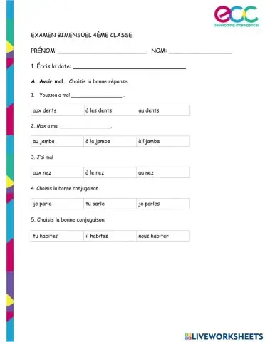 Examen de Francais 4eme Classe