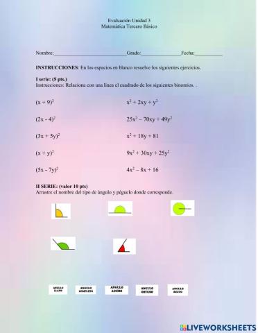 Binomio al cuadrado, tipos de ángulos y figuras geométricas,