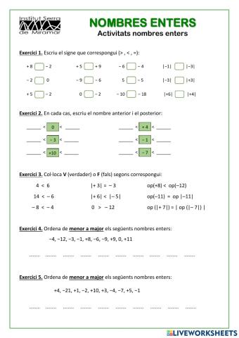 Activitat ordenar nombres enters