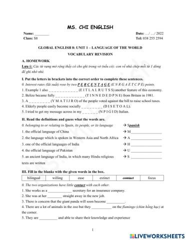 Foreign teacher-S8-Week 7-U1-Vocab Revision