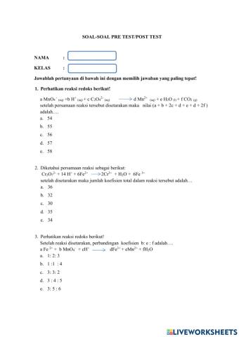 Soal pre test-post test Redoks dan Elektrokimia