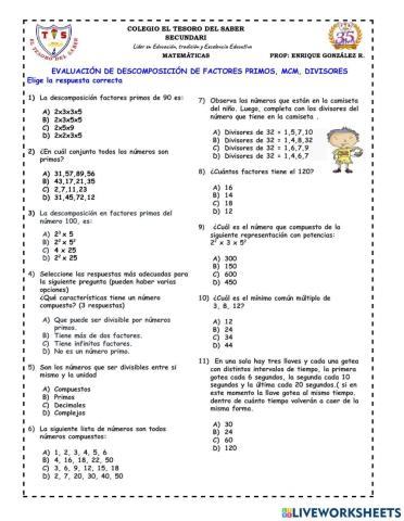 Descompósición de factores primos, mcm, divisores, números primos y compuestos
