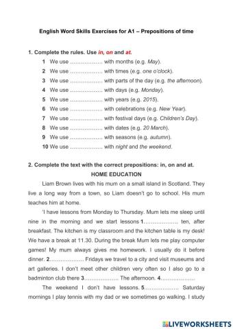 A1 Work Skill: Prepositions of time