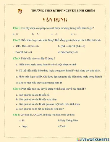 Phiếu vận dụng excel