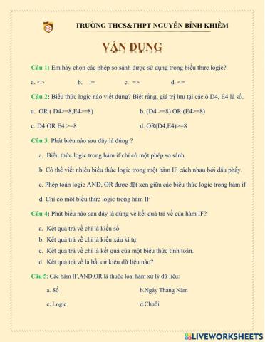 Phiếu vận dụng excel