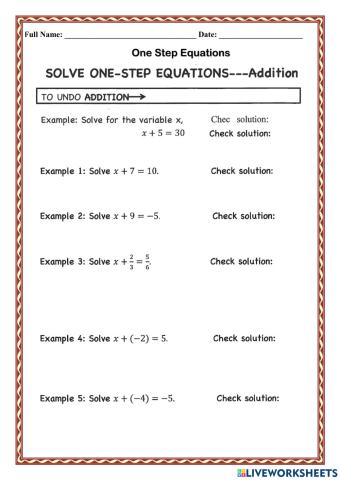 WCA1R One Step Equations Addition