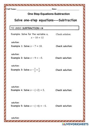WCA1R One Step Equations Subtraction