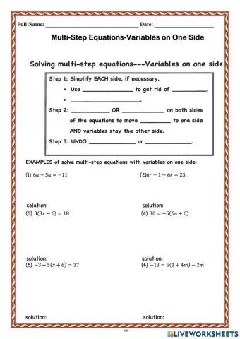 WCA1R Multi Step Equations Variable in One Side