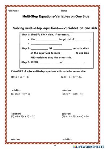 WCA1R Multi Step Equations Variable in One Side