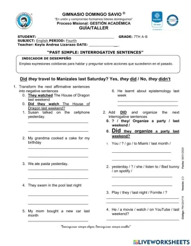 Past simple yes no questions