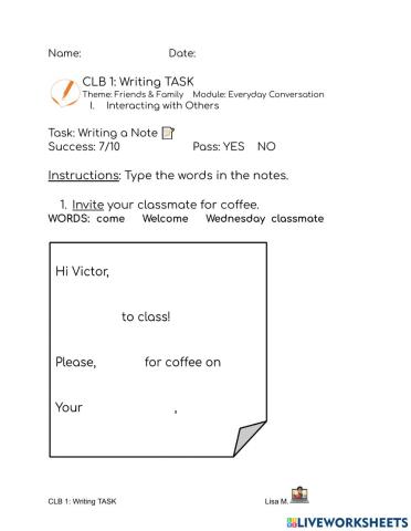 CLB 1 Writing TASK: A Note
