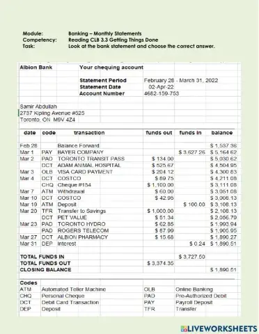 Reading CLB 3.3 Getting Things Done - Understand Monthly Bank Statement - 2