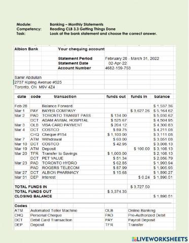 Reading CLB 3.3 Getting Things Done - Understand Monthly Bank Statement - 2