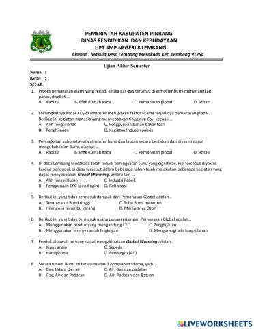 Soal Penilaian Semester Genap IPA Kelas VII