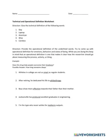 Technical and Operational Definition Worksheet