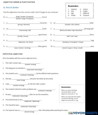 Adjectives (word order, -ing--ed)