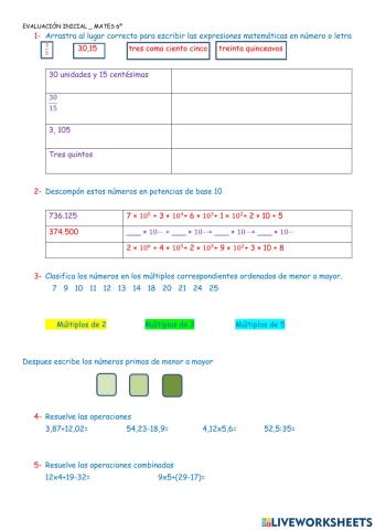 Evaluacion inicial matemáticas 6º