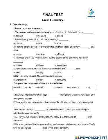 FINAL TEST - Business English Elementary