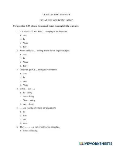Ulangan Harian Kelas VIII Unit 8 What Are You Doing Now?