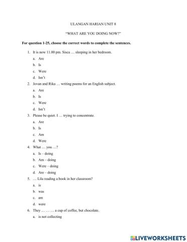 Ulangan Harian Kelas VIII Unit 8 What Are You Doing Now?