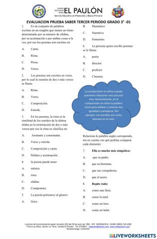 EVALUACIÓN DE ESPAÑOL GRADO 3° CEREP TERCER PERIODO