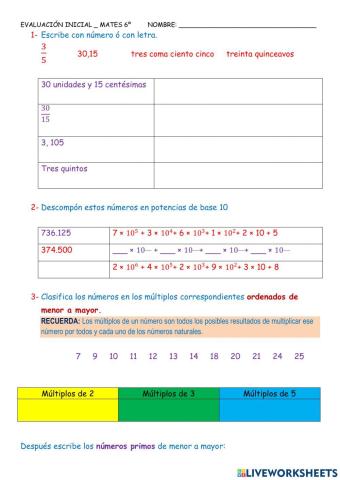 Evaluacion inicial mates 6º primaria