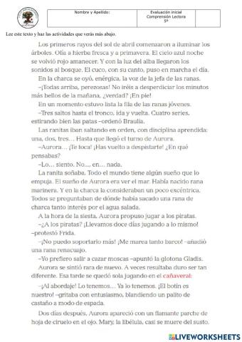 Evaluación Inicial Comprensión Lectora 5º Primaria