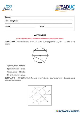 MATEMÁTICA D11PB9 - Reconhecer círculo e circunferência, seus elementos e algumas de suas relações.