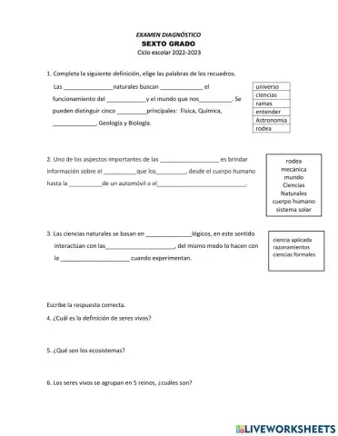 DIAGNOSTICO CIENCIAS NATURALES 6o