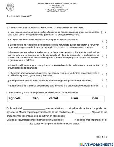 DIAGNOSTICO GEOGRAFÍA 6o
