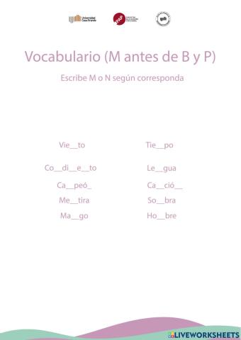 Vocabulario (M antes de B y P)