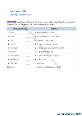 Unit 1 Money Talks L2 Vocab