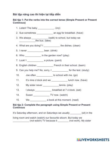 Bài tập thì hiện tại tiếp diễn nâng cao