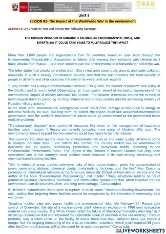 Reading comprehension-THE RUSSIAN INVASION OF UKRAINE IS CAUSING AN ENVIRONMENTAL CRISIS, AND EXPERTS SAY IT COULD TAKE YEARS TO FULLY REALIZE THE IMPACT