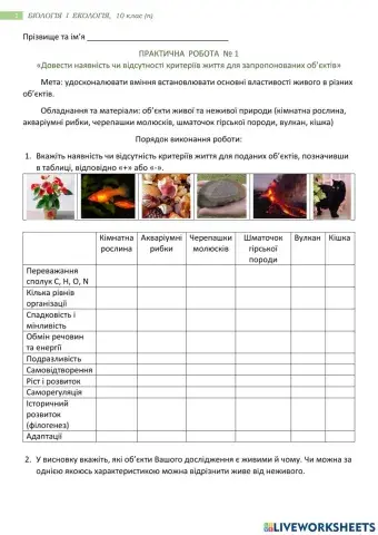 Практична робота № 1 Довести наявність чи відсутність критеріїв життя для запропонованих об'єктів