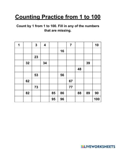 Count from 1-100 (A (Missing Numerals)
