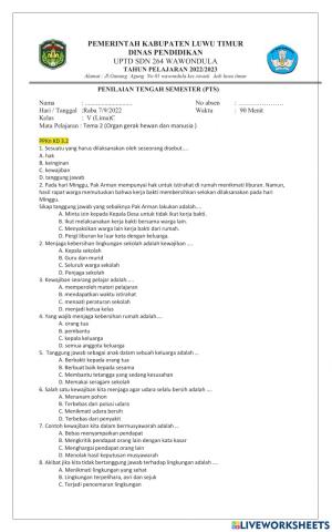 Penilaian tengah semester tema  2 kelas 5 c