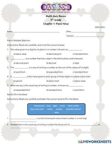 Vocabulary words and number forms