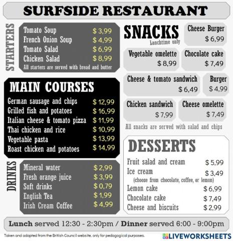 Surfside restaurant menu