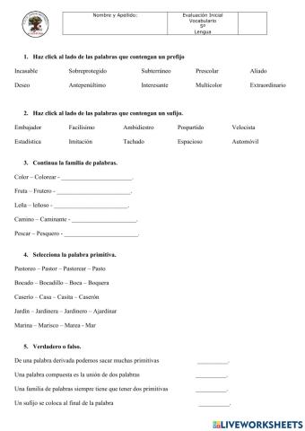 Evaluación Inicial Vocabulario 5º Primaria