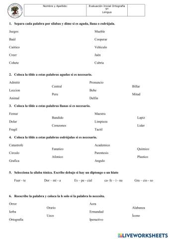 Evaluación Inicial Ortografía 5º Primaria