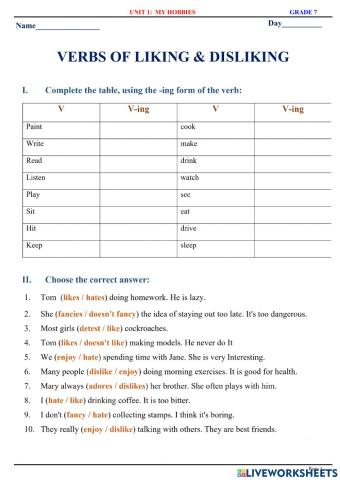 English 7.1 - Unit 1 - My hobbies - Verbs of liking & disliking