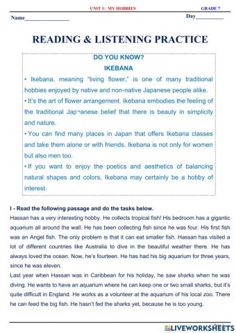 English 7.1 - Unit 1 - Reading & Listening Practice