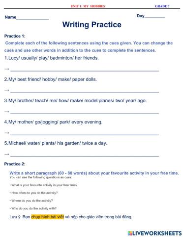 English 7.1 - Unit 1 - Writing Practice