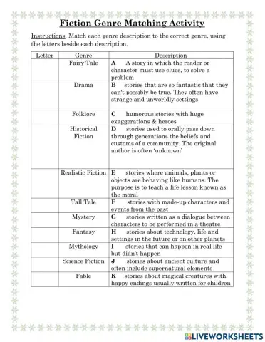 Fiction Genres Matching Activity