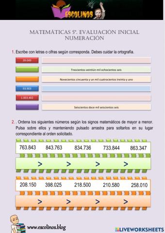 Matemáticas 5º. Evaluaión inicial. Numeración.