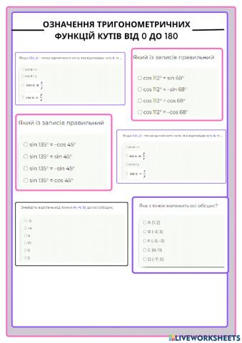 Тригонометричніфункції кутів від 0 до 180