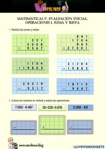 Matemáticas 5º. Evaluación inicial. Operaciones I. Suma y resta