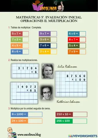 Matemáticas 5º. Evaluación inicial. Operaciones II. Multiplicación.